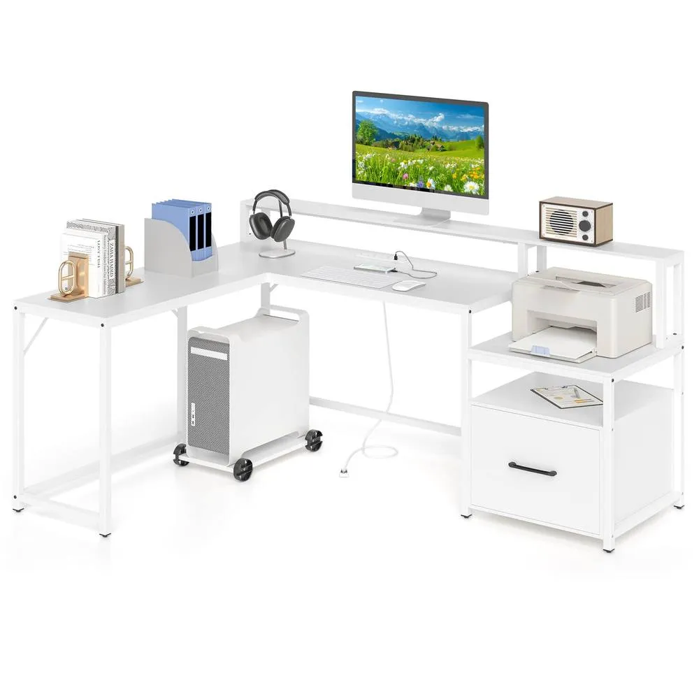 Costway L-shaped Desk Home Office Desk with File Drawer in White