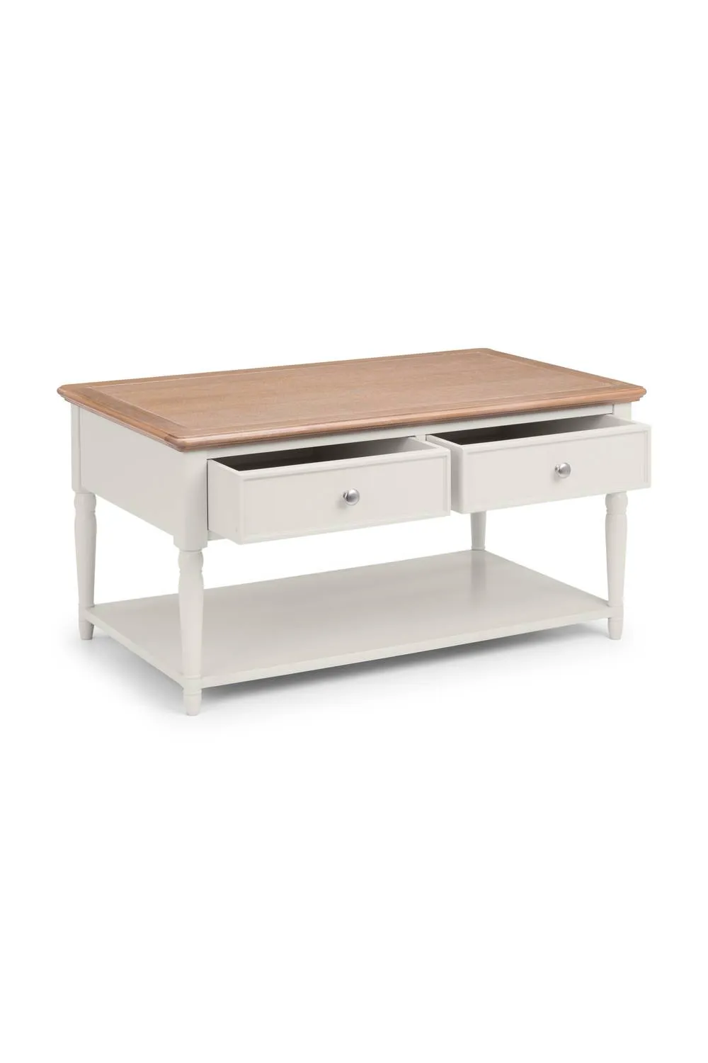 Julian Bowen Provence 2 Drawer Coffee Table with Shelf in Light Grey 3