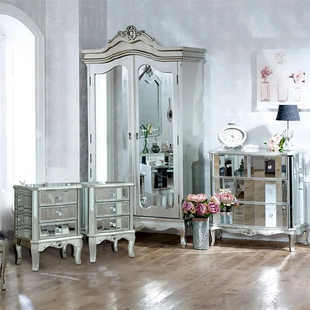 Melody Maison Wardrobe, Chest of Drawers & Pair of Bedside Tables - Tiffany Range in Silver