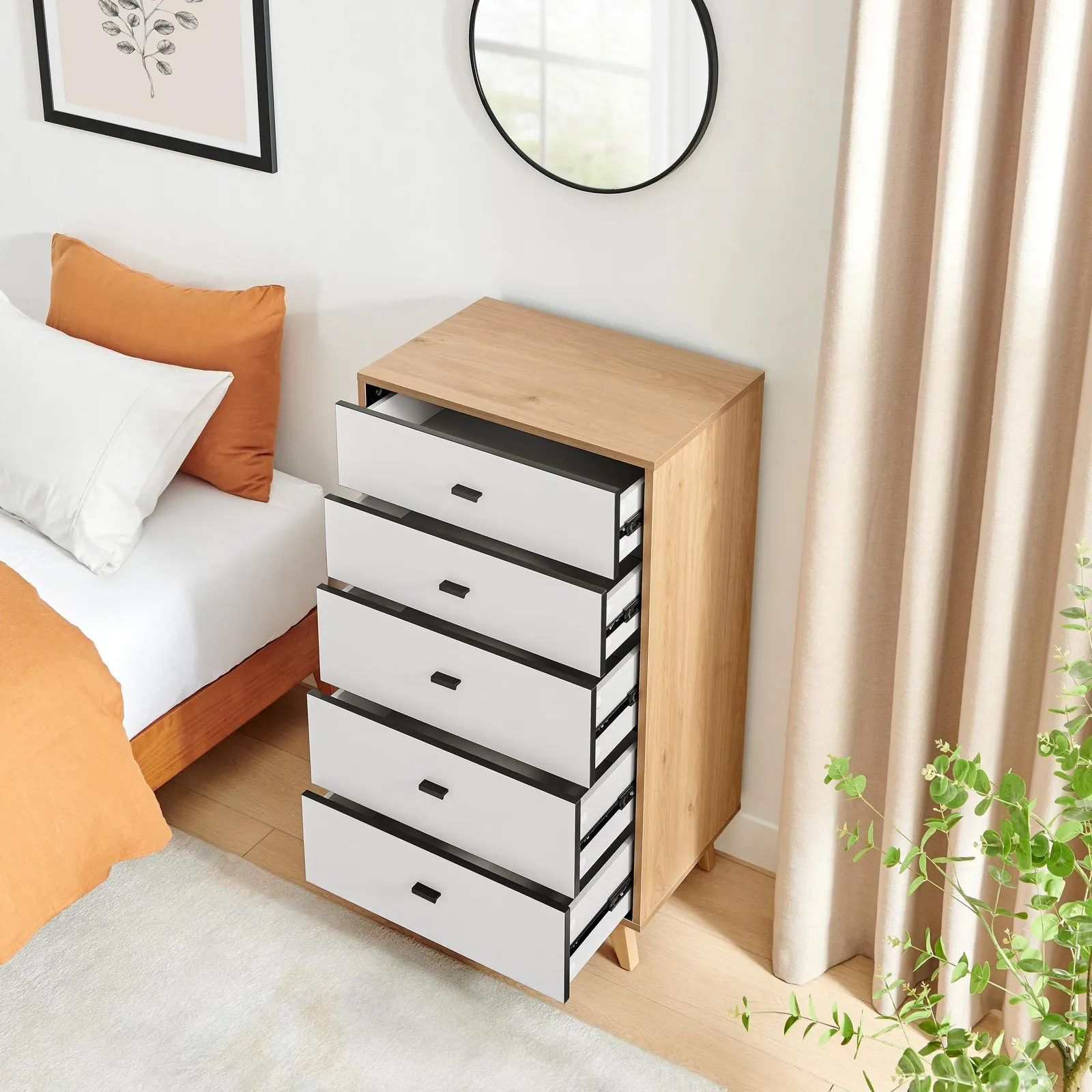 FurnitureboxUK Bisset Off-White & Wood Effect Chest of 5 Drawers 3