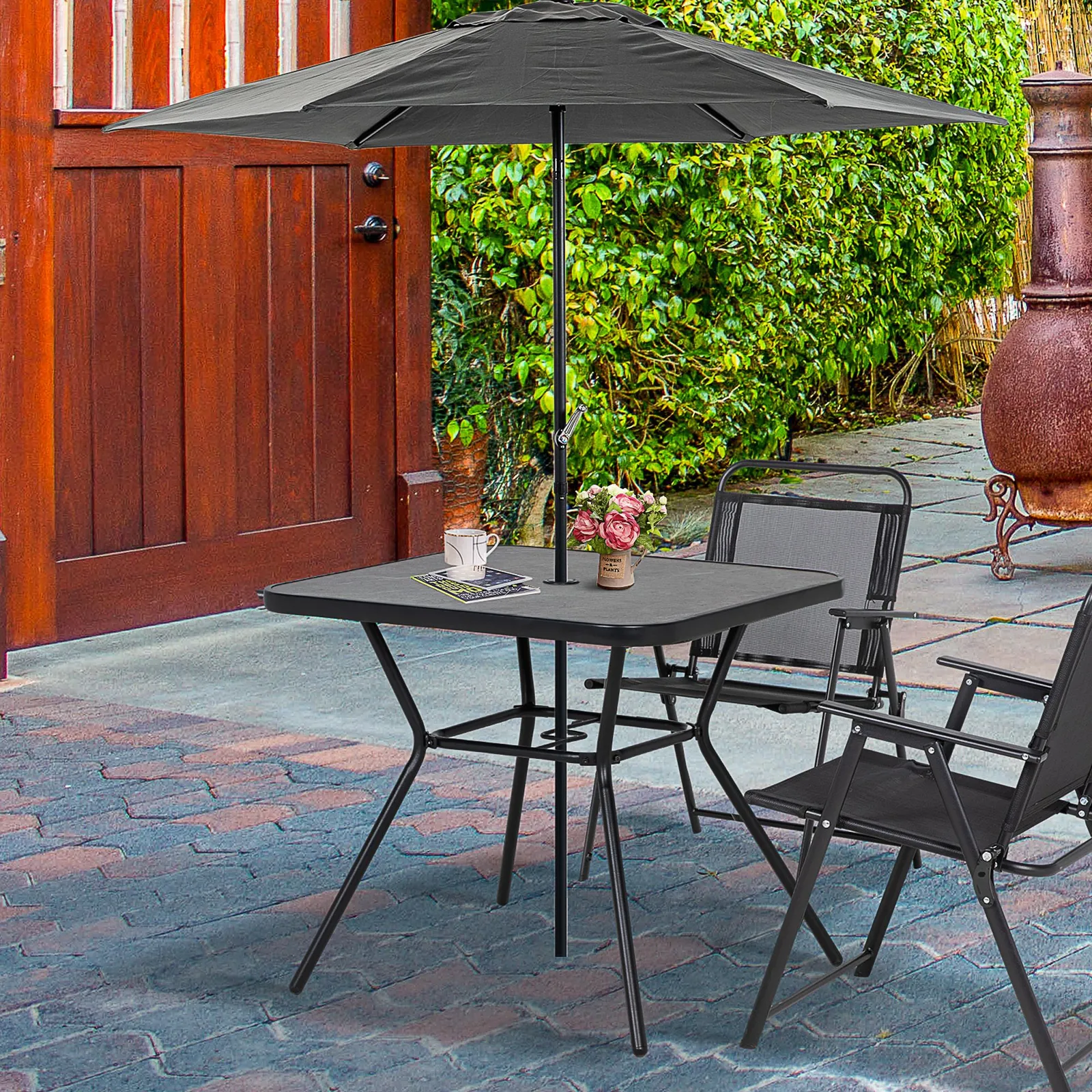 OUTSUNNY Outdoor Garden Table with Faux-marbled Top & 42mm Umbrella Hole for Patio in Black