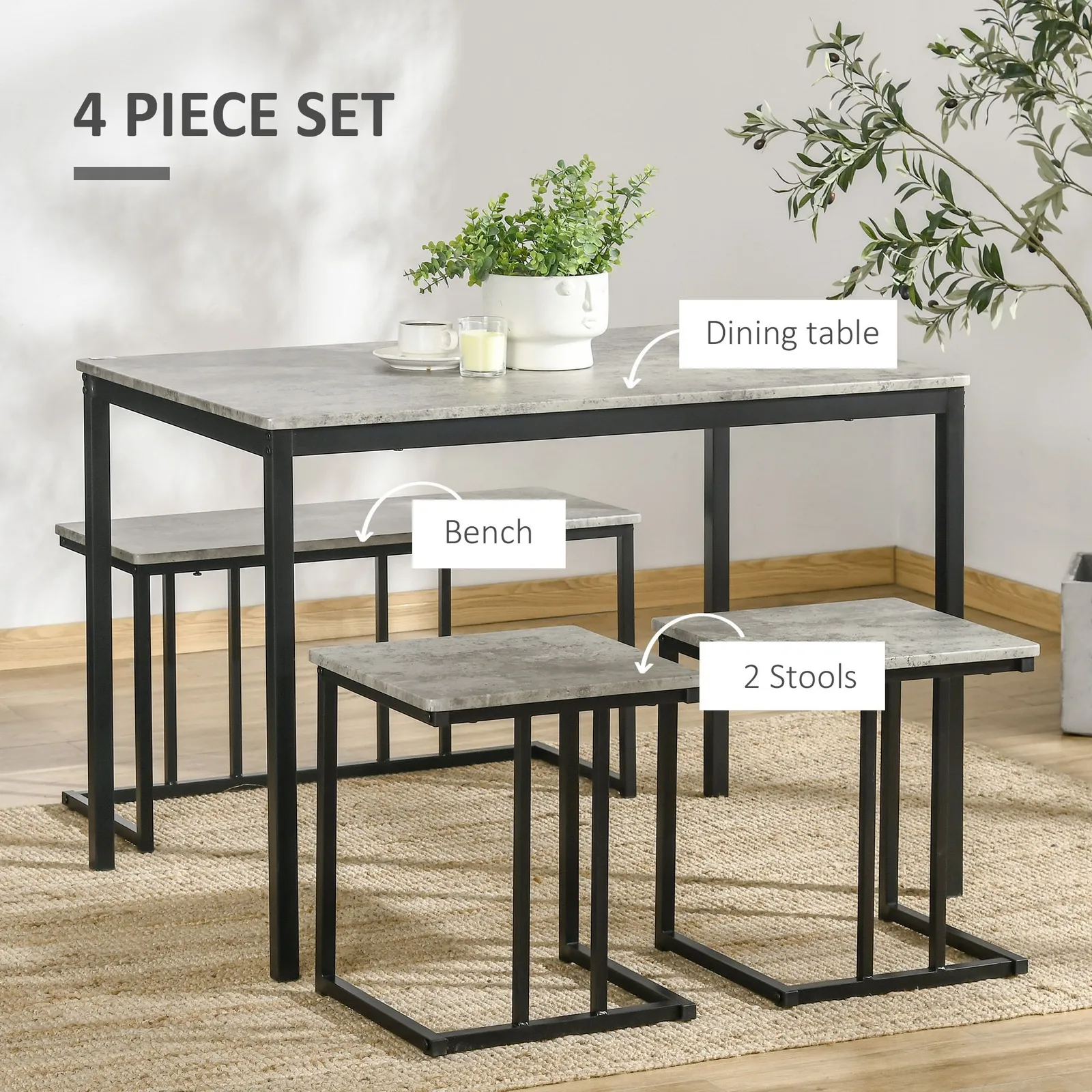 HOMCOM Dining Table Set Concrete Effect Kitchen Table & Chairs in Grey 4