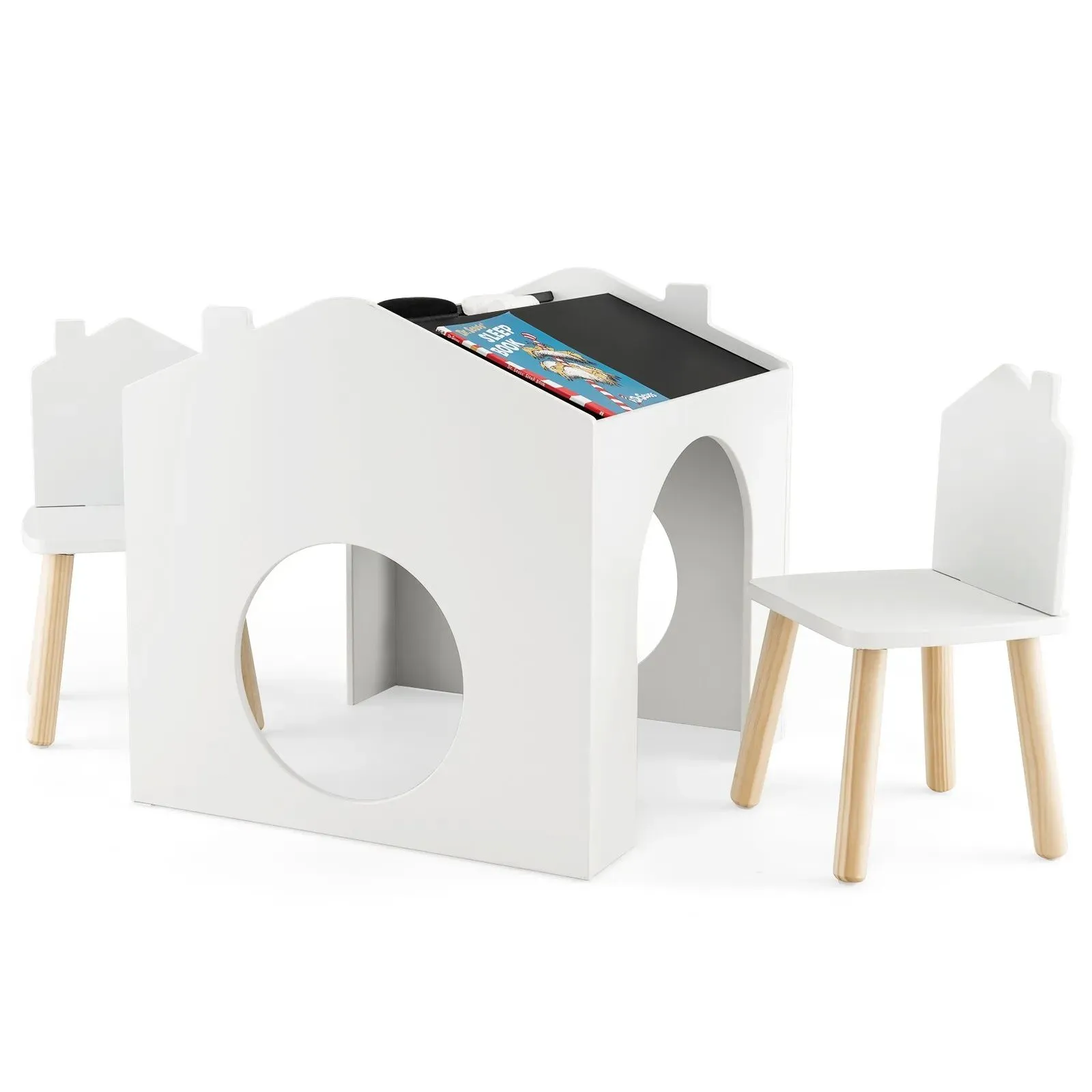 Costway Table & Chair Set Children Wooden Children Activity Desk W/ Chalkboards in White