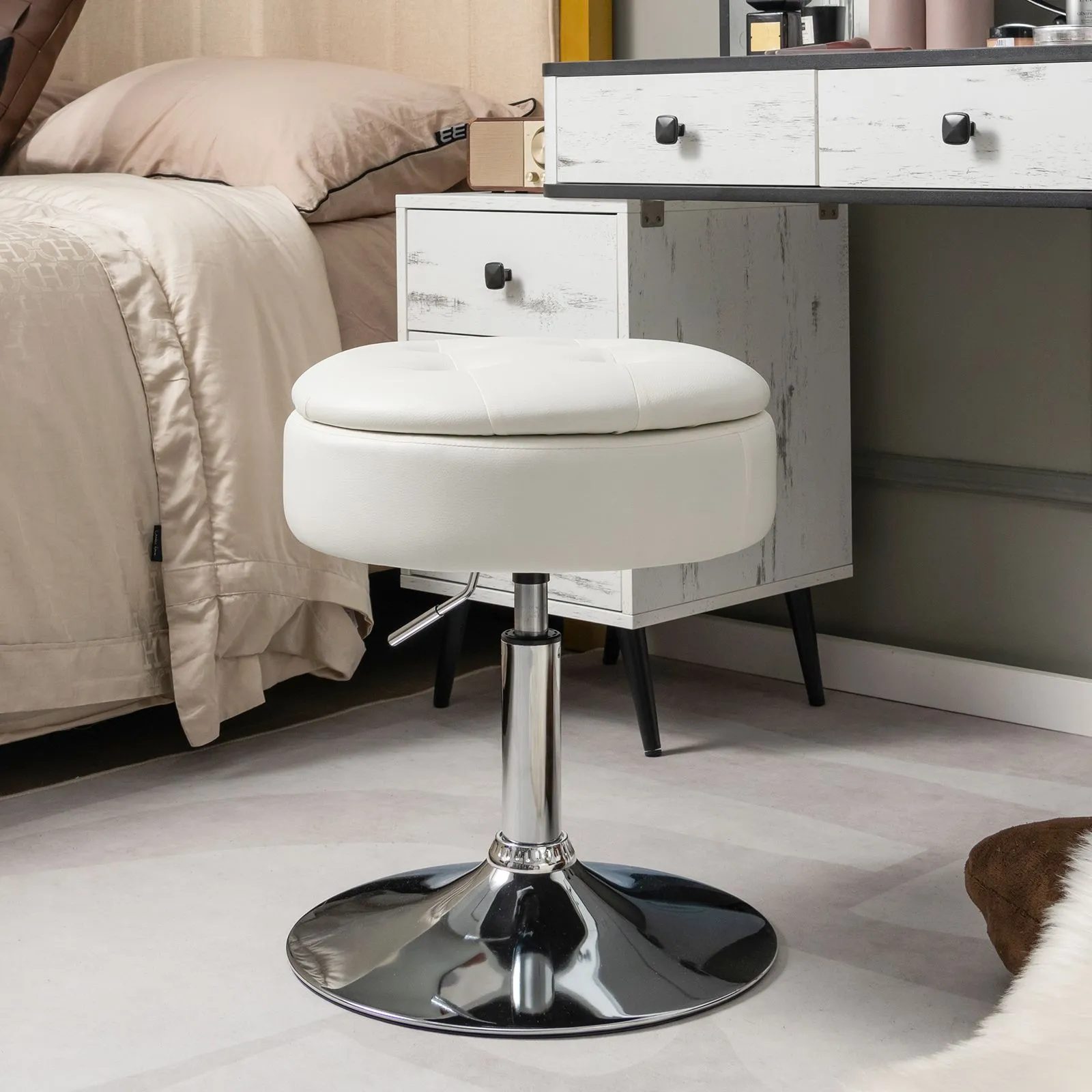 Costway Tufted Vanity Stool Footrest Accent Storage Ottoman with Reversible Lid in White