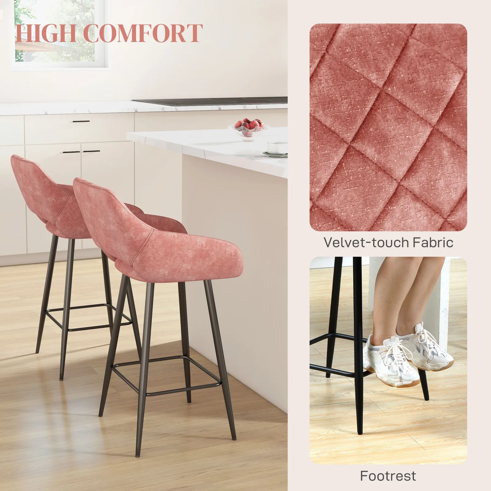 HOMCOM Stools Set of 2, Velvet-Touch Fabric Counter Height Bar Chairs in Pink 6