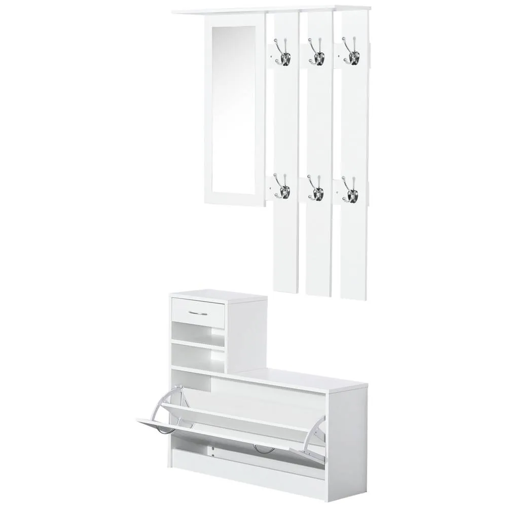 HOMCOM Entryway Organizer Shoe Storage Space Saving Mirror Chest Wardrobe in White
