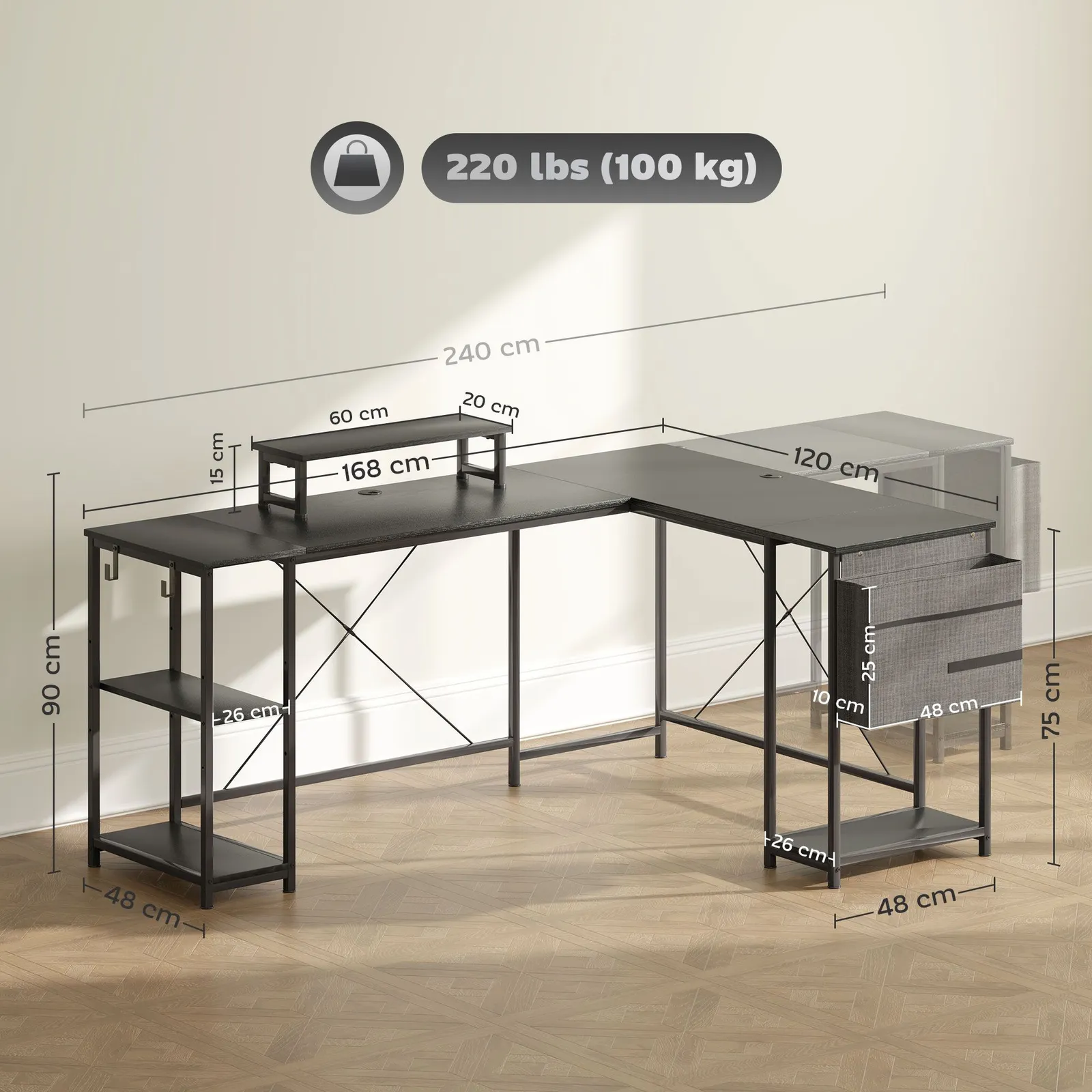 HOMCOM 168cm Reversible L Shaped Desk, 240cm Two Person Desk in Black 3