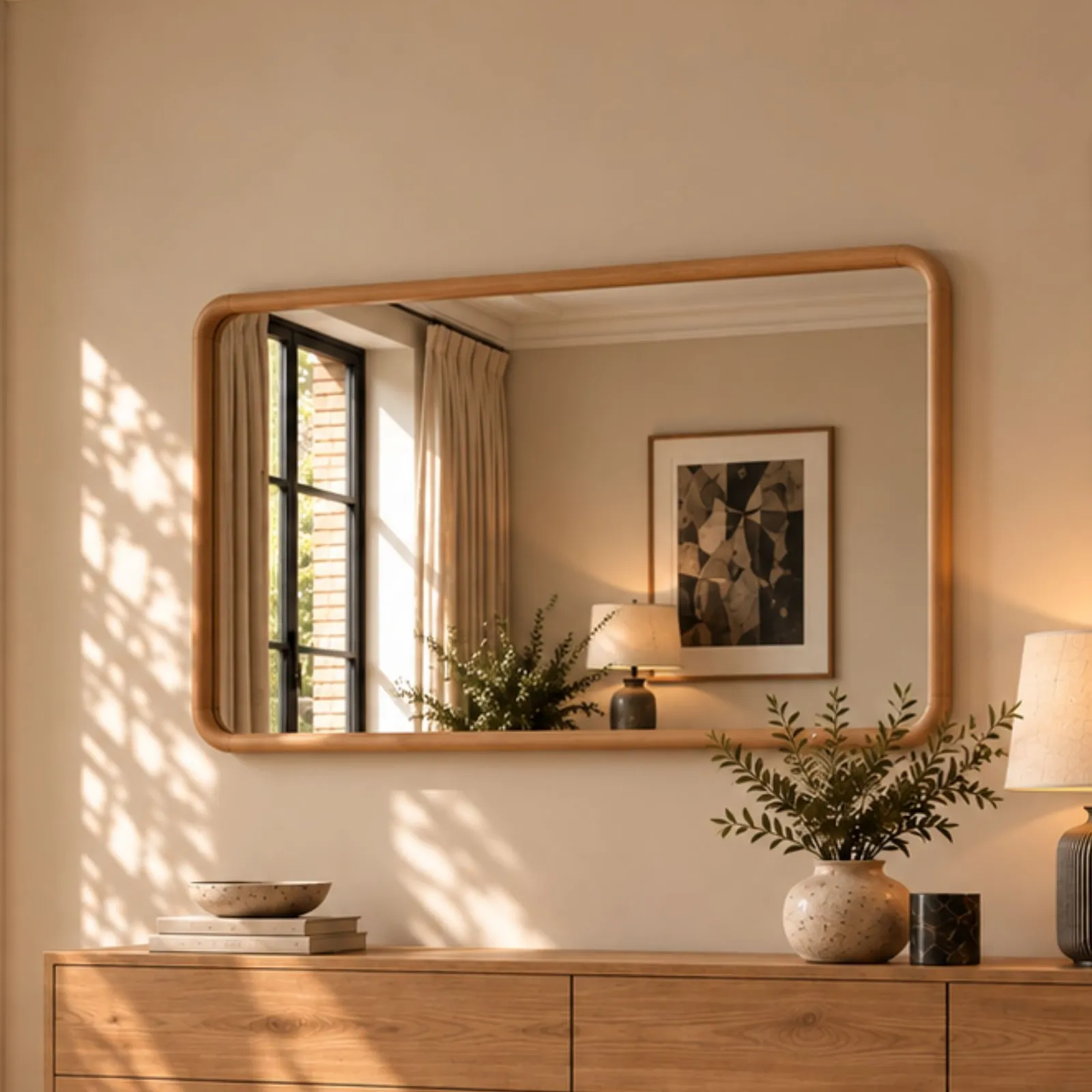 Yearn Mirrors Oak Framed Curved Wall Mirror 120x80cm in Natural 2