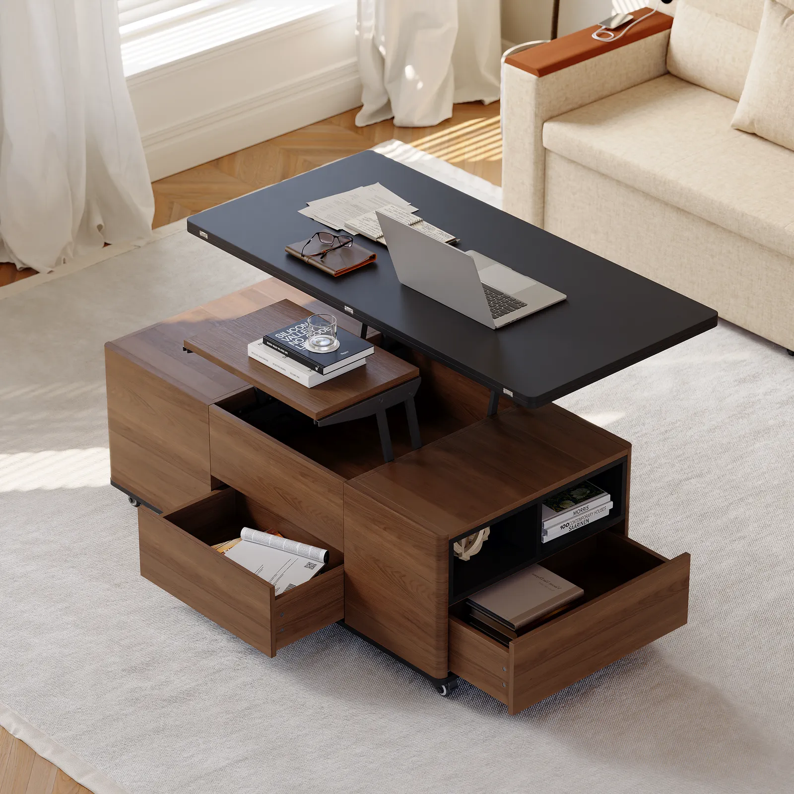 120 cm Lift-Top Foldable Walnut Coffee Table with Drawers & Cabinet