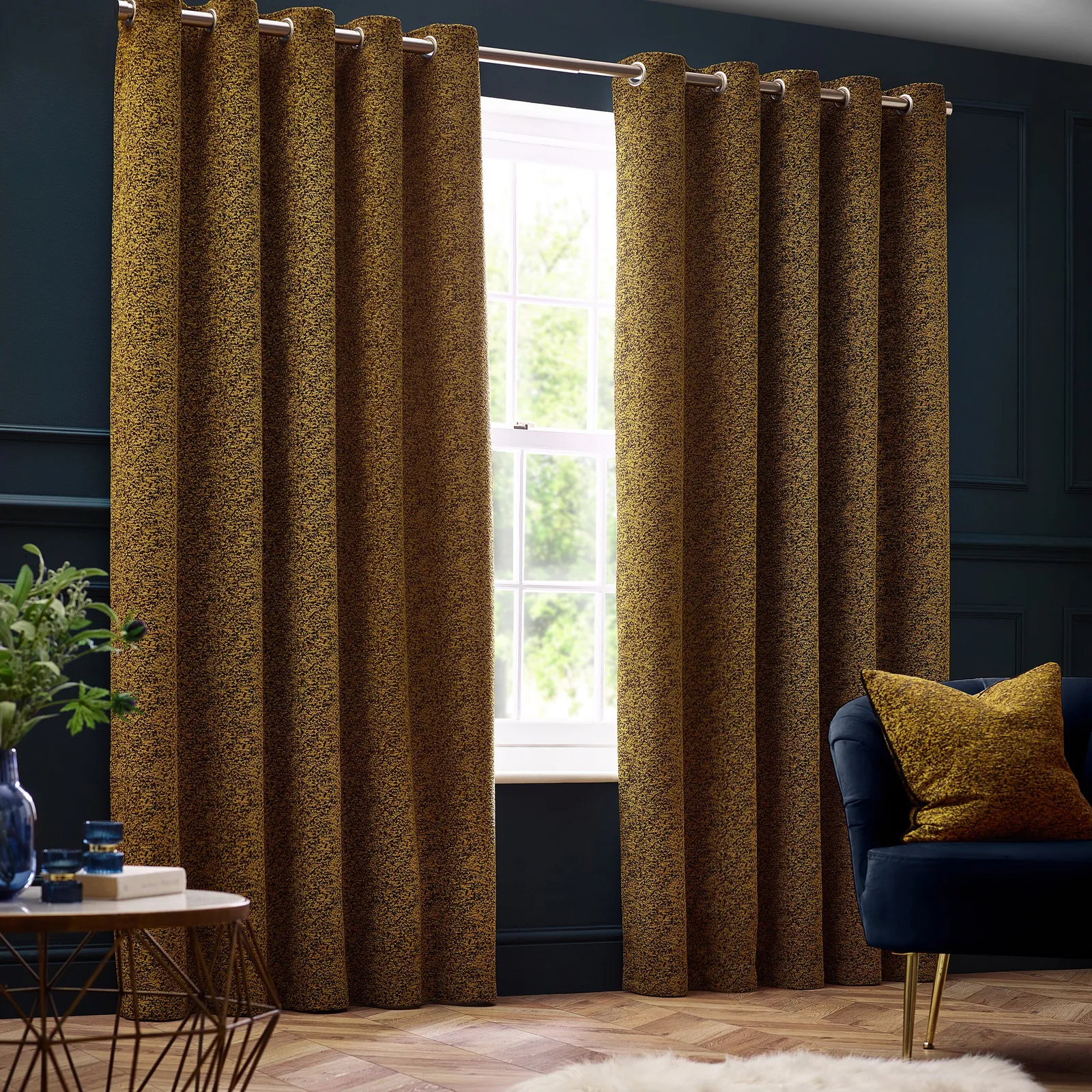 Paoletti Galaxy Velvet Chenille Eyelet Curtain Pair in Gold 2