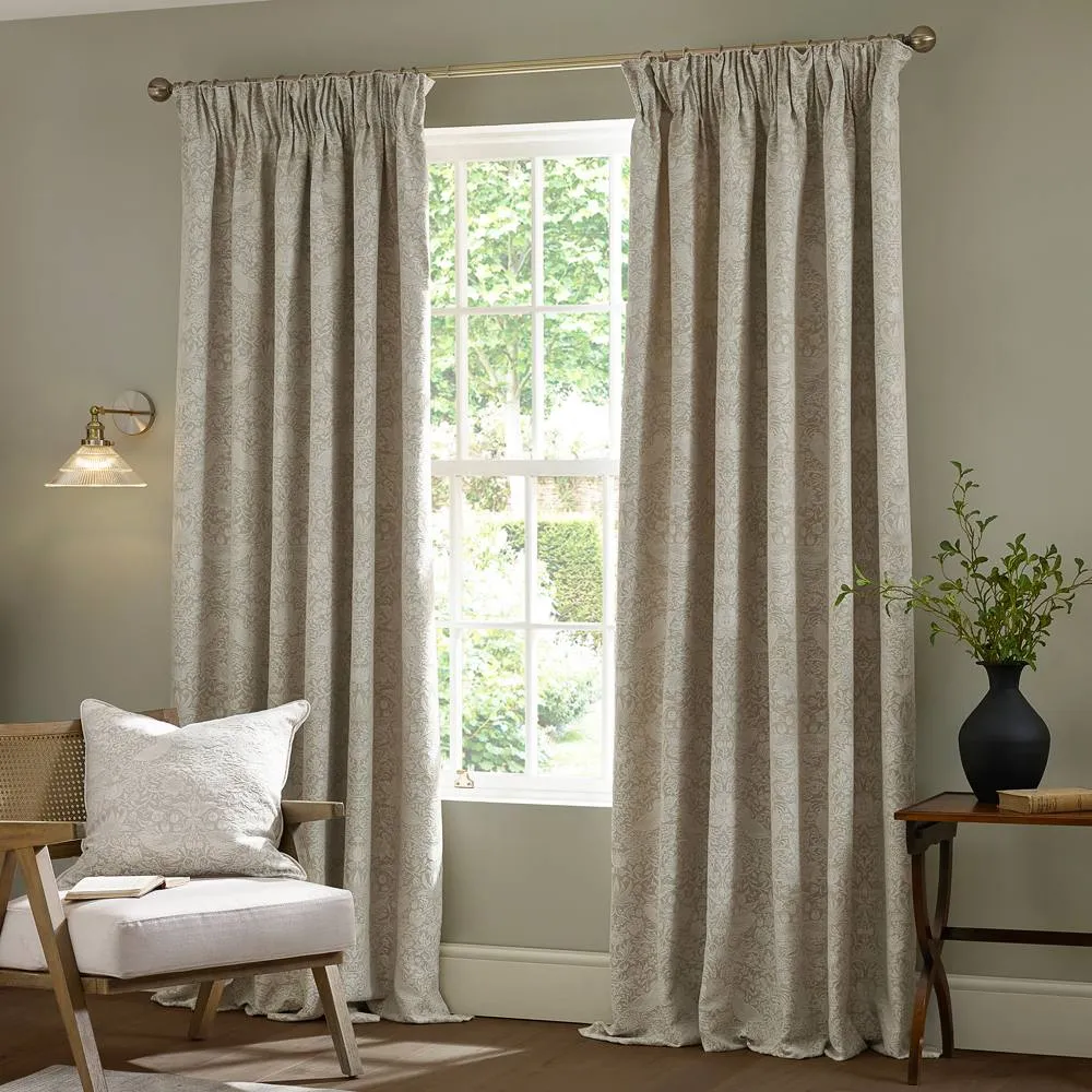 Morris & Co Strawberry Thief Jacquard Fully Lined Pencil Pleat Curtains in Cream 4
