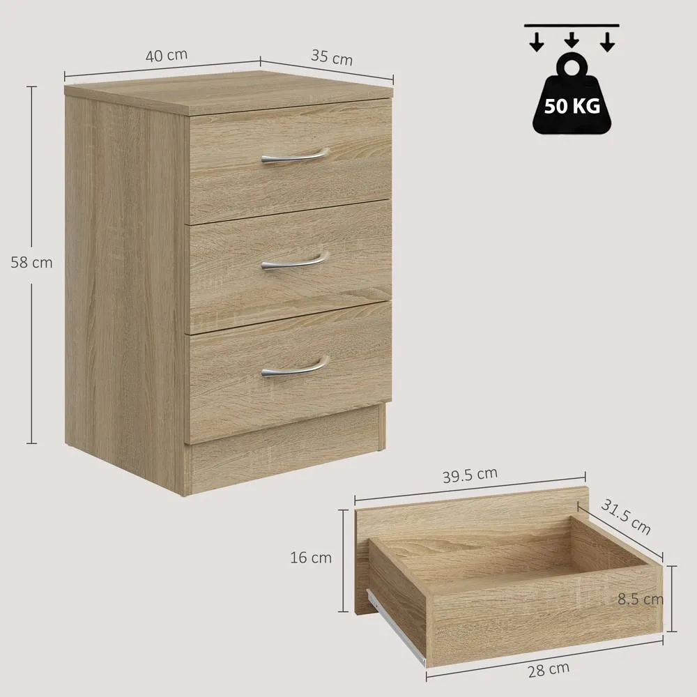 HOMCOM Modern 3 Drawers Side Table, Bedside Table with Wood Effect, Oak in Light Oak 3