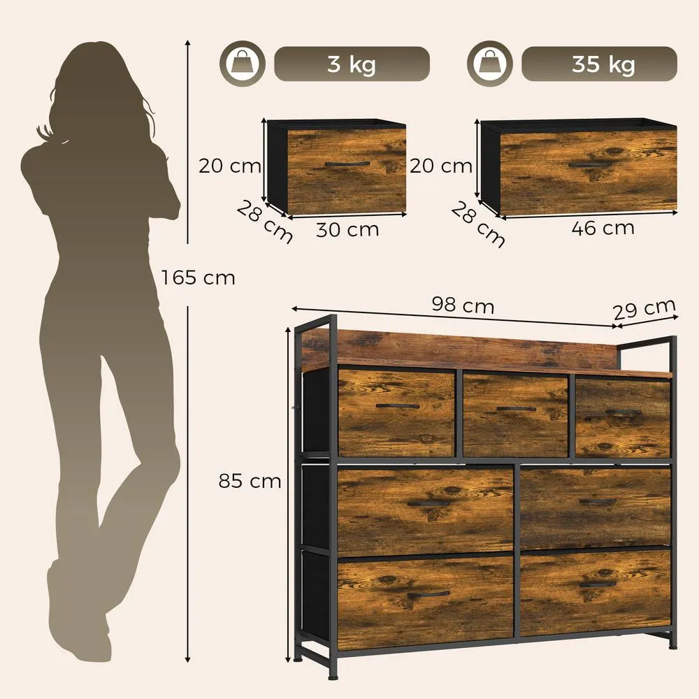 HOMCOM 7 Drawer Chest of Drawers with Top Shelf & Steel Frame Rustic Brown 3