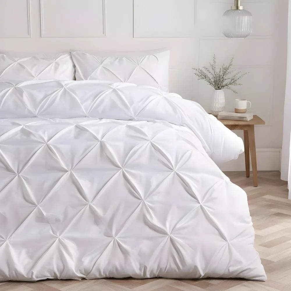 OHS Pintuck Bedding Set Microfibre Pinch Pleat Duvet Cover with Pillowcase in White
