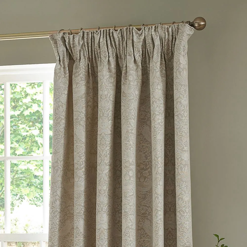 Morris & Co Strawberry Thief Jacquard Fully Lined Pencil Pleat Curtains in Cream 3
