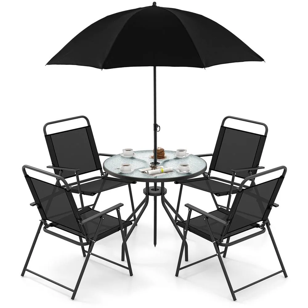Costway 6 Piece Outdoor Round Dining Set Patio Garden Table Set for 4 w/ Umbrella in Black