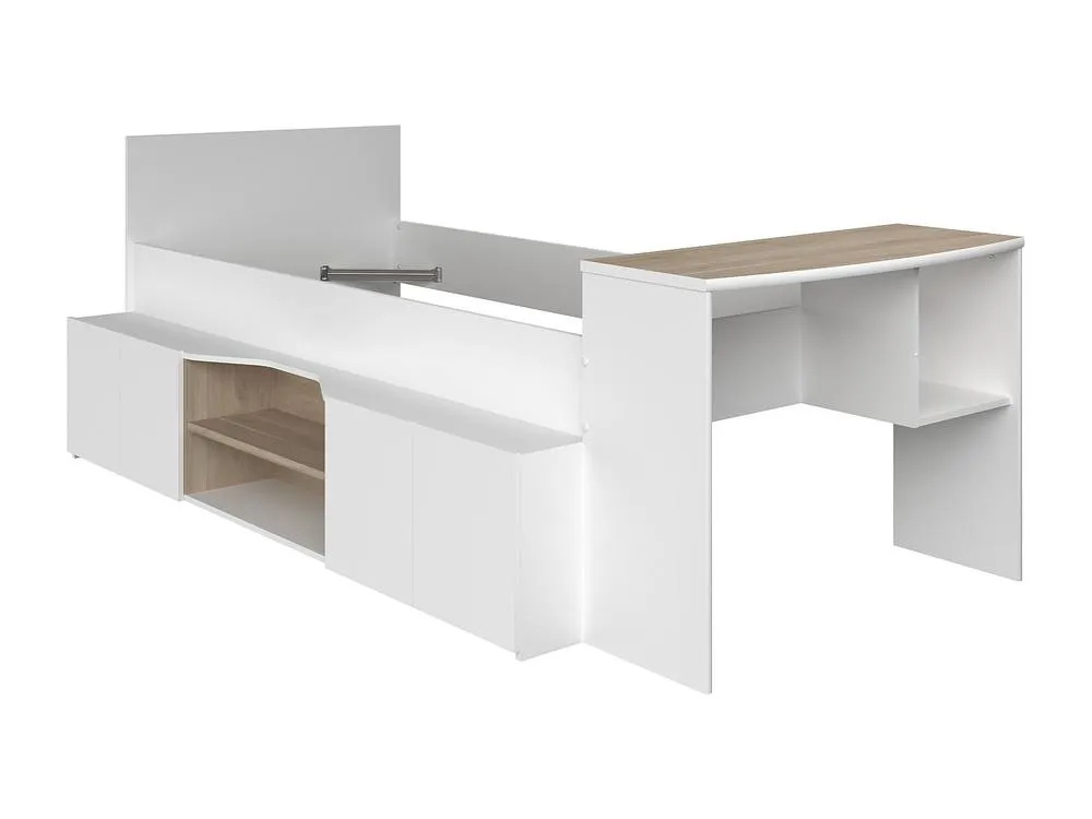 Vente-unique Combination Bed 90 X 190/200 Cm With Desk & Storage - White and in Light Oak