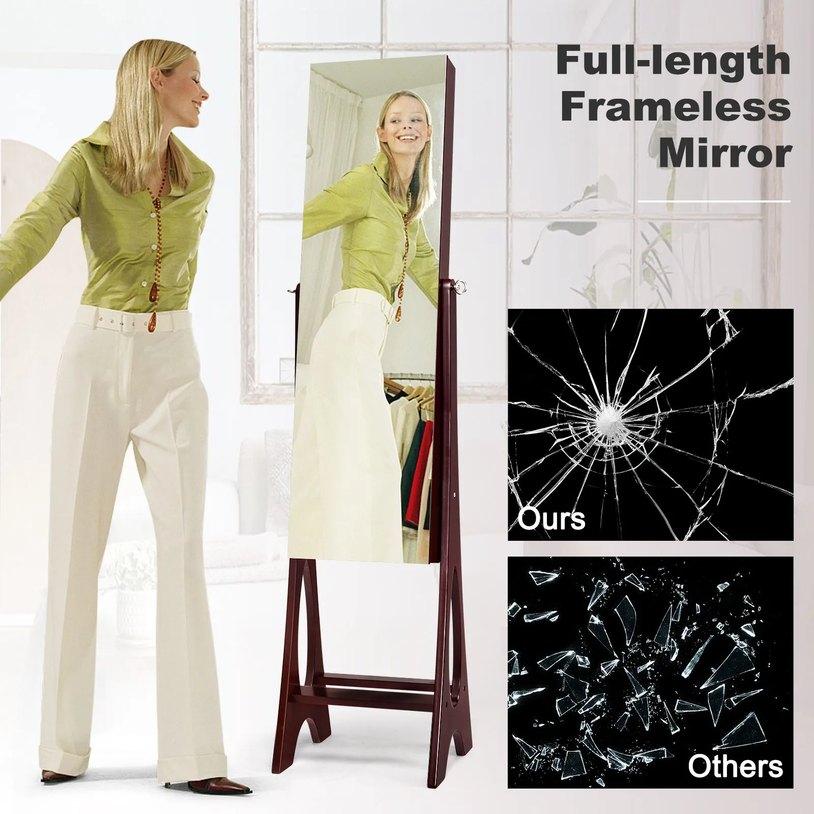 Costway Freestanding Mirror Jewelry Cabinet Organizer W/ Full Length Mirror Built-in LED in Brown 6