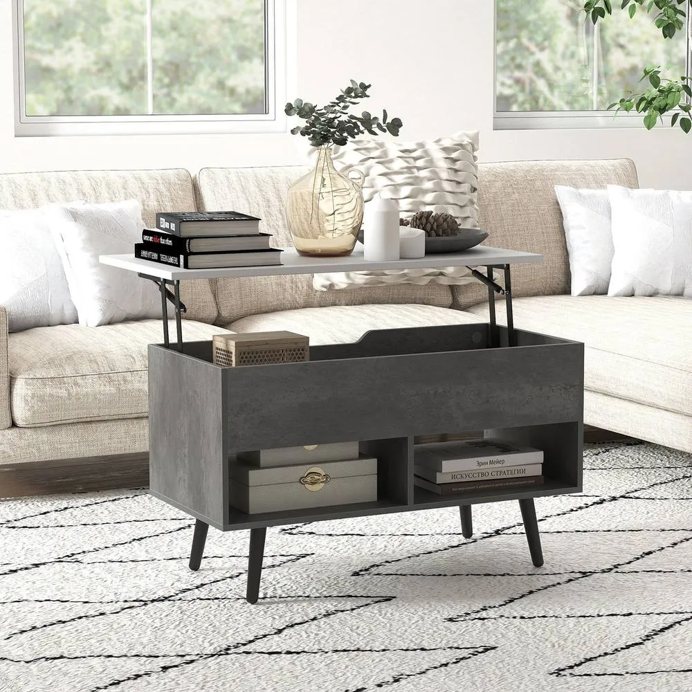 Costway Lift Top Coffee Table Modern Accent Table w/ Shelves Hidden Storage in Grey 2