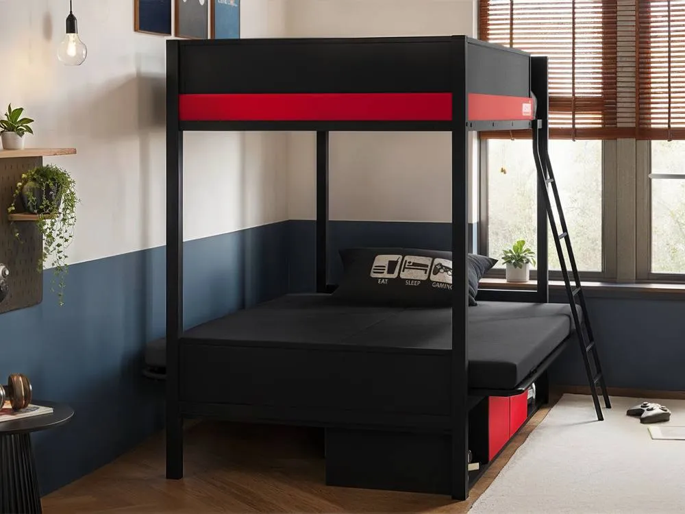 Flair Nova Storage Gaming Metal Bunk with Futon Black & Red 4