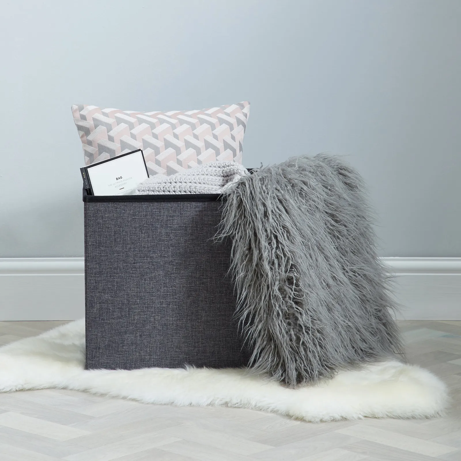 Grey Faux Fur Foldable Cube Ottoman Grey