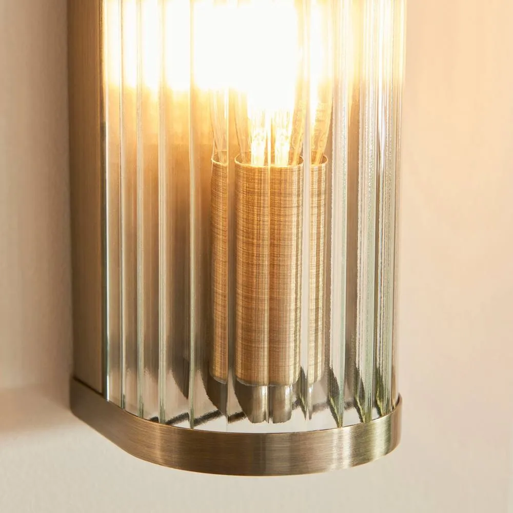 Netlighting Ridgeton Wall Lamp Antique Brass Plate & Clear Ribbed Glass E14 in Gold 5