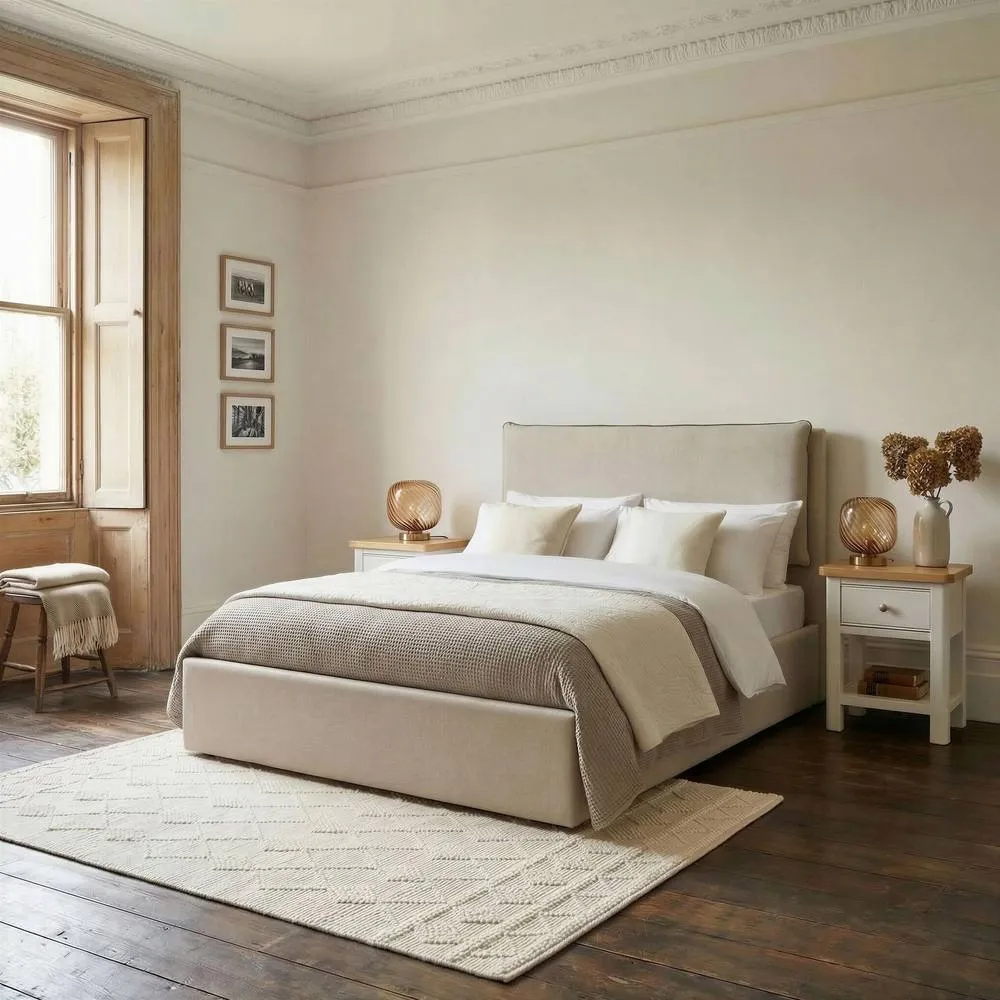FurnitureboxUK Tilly Beige & Brown Herringbone Fabric Ottoman Bed Frame 1