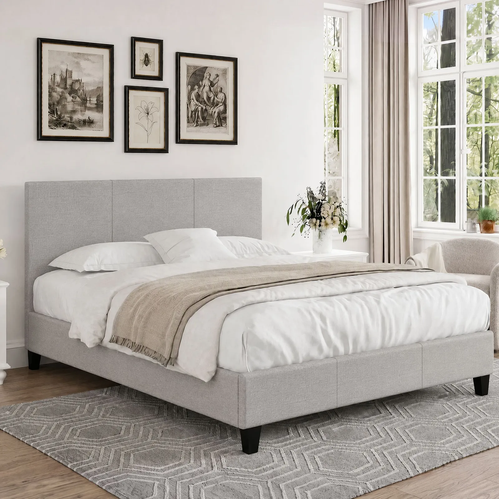 Comfy Living Ltd Modern Hopsack Fabric Upholstered Bedframe in Light Grey 3