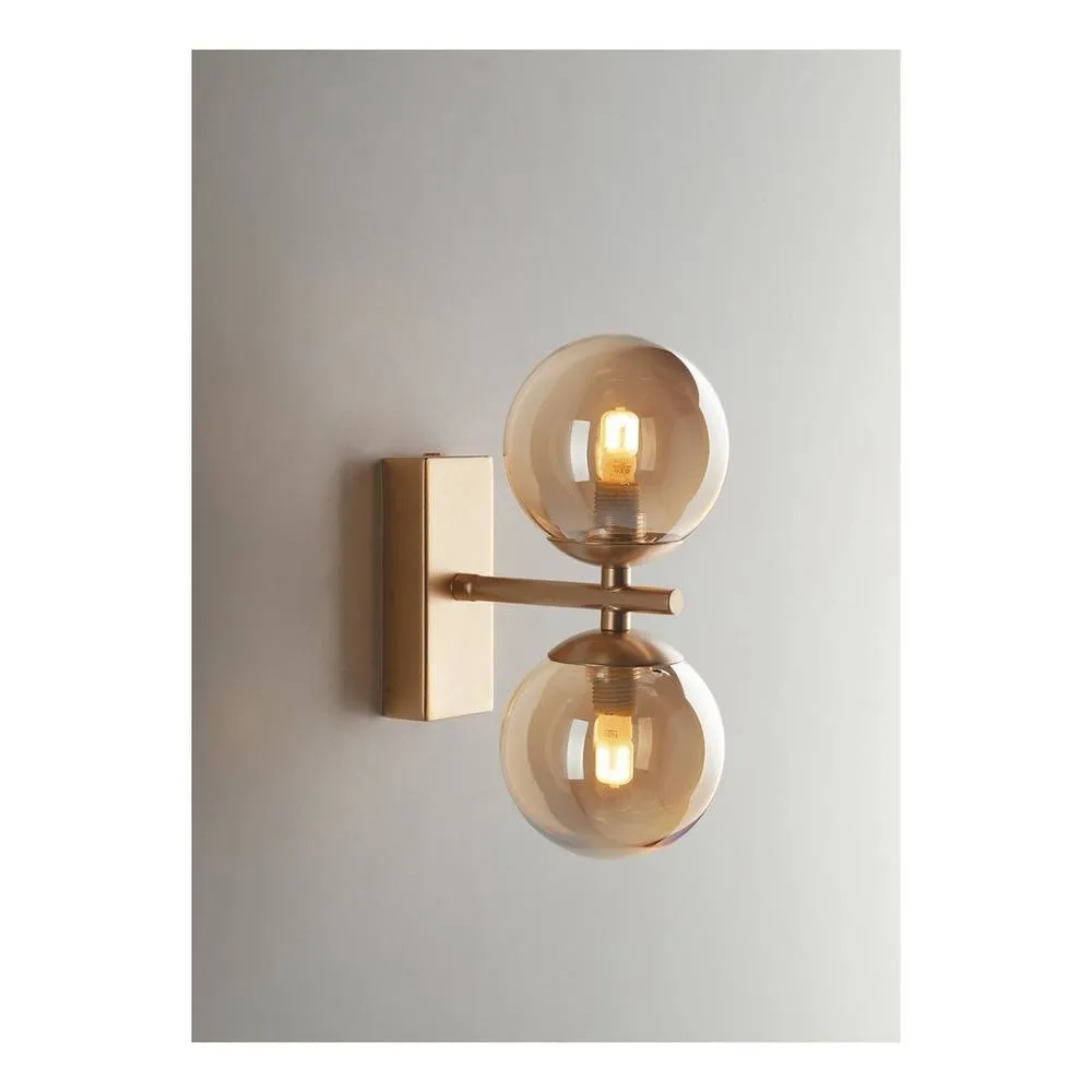 Netlighting Honey Twin Globe Wall Light Brass Satin With Champagne Diffusers G9 in Yellow