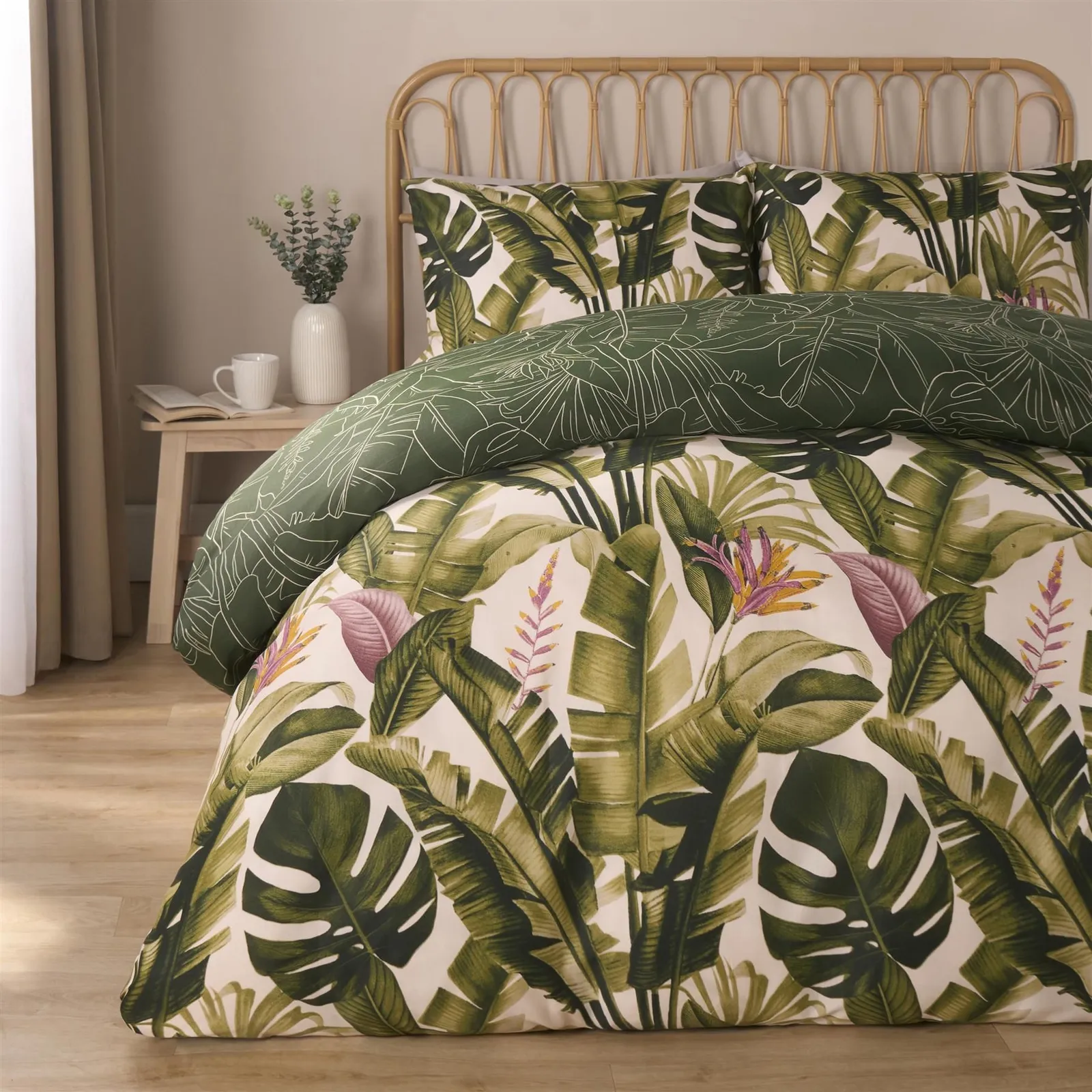 OHS Tropical Duvet Cover Set Leaves Reversible Soft Bedding Quilt in Green