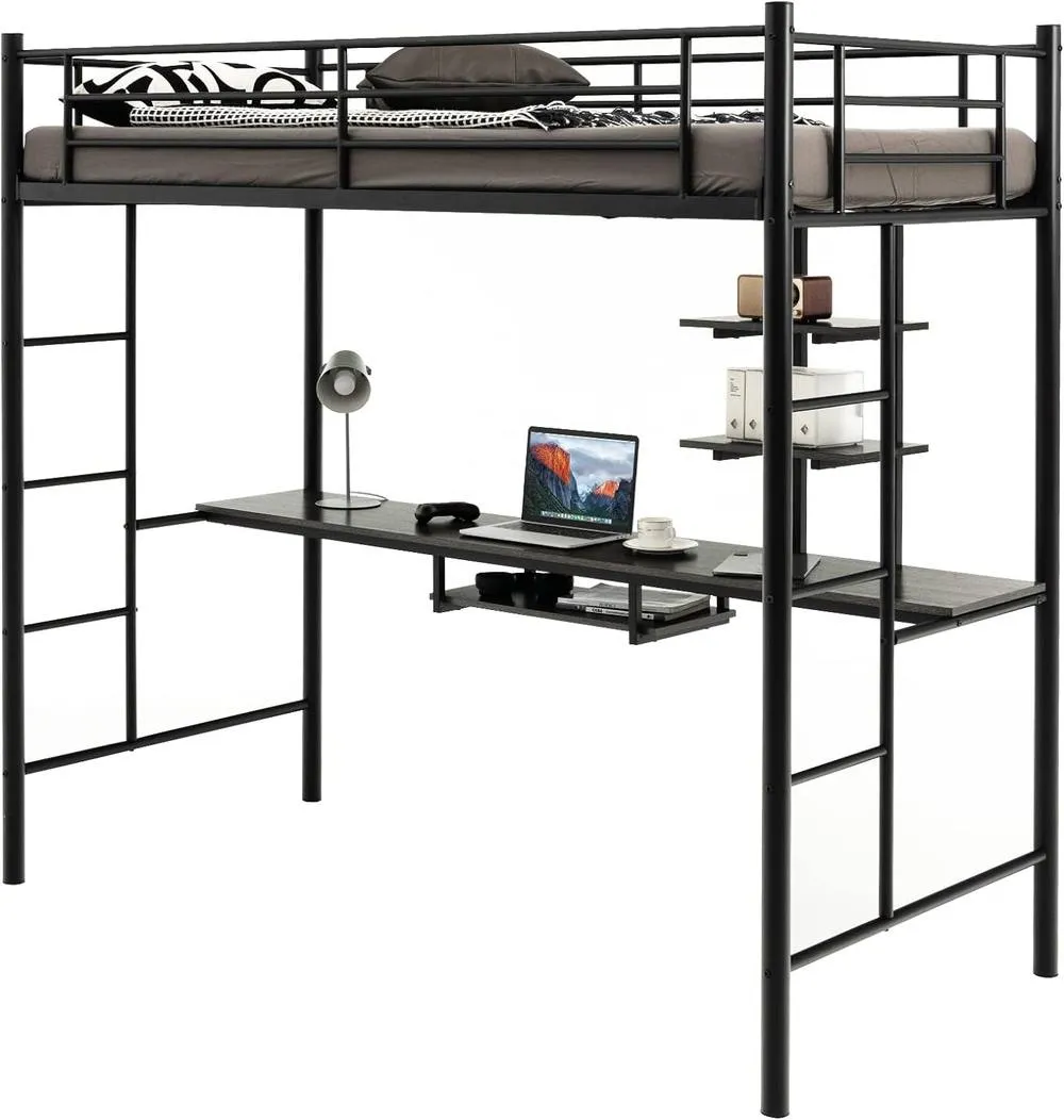 Costway 3.5FT Single Metal Loft Bed Frame High Sleeper Bunk Bed W/ Desk Storage Shelves in Black