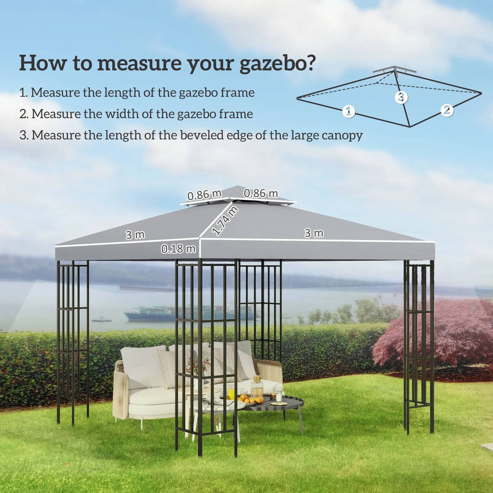 OUTSUNNY 3(m) 2 Tier Garden Gazebo Top Cover Replacement Canopy Roof in Light Grey 3