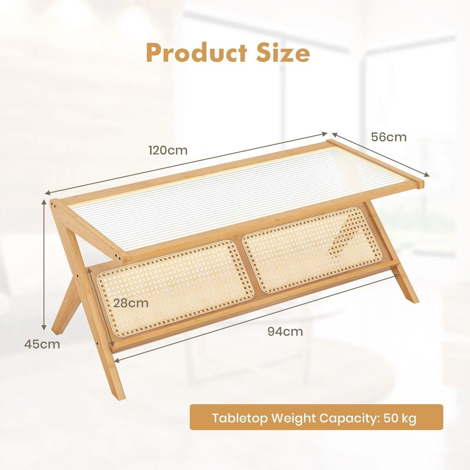 Costway 2-Tier Rectangular Coffee Table Modern Center Bamboo Table with Glass Tabletop in Natural 2