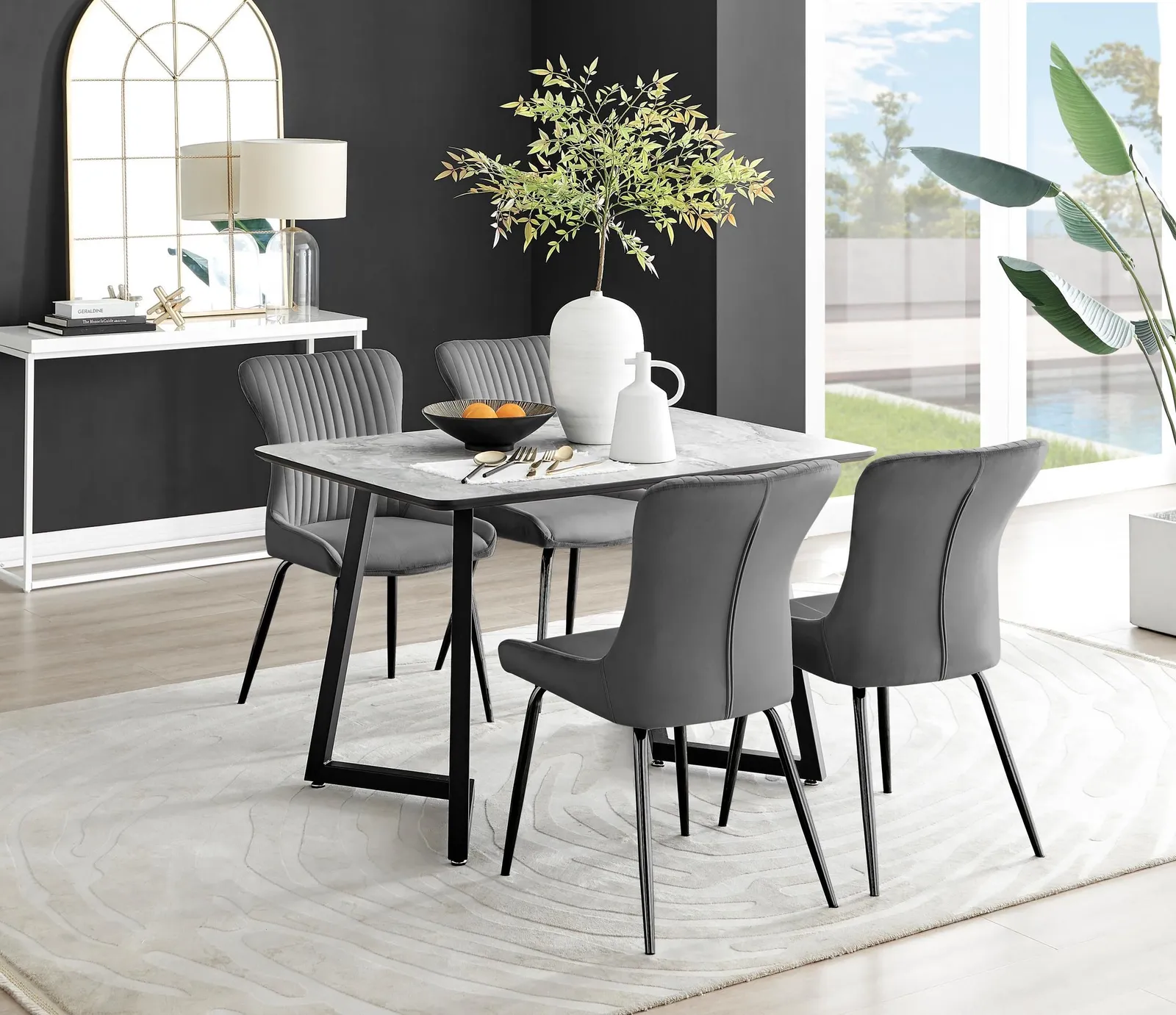 FurnitureboxUK Carson White Marble Effect Dining Table & 4 Nora Black Leg Chairs in Dark Grey 1