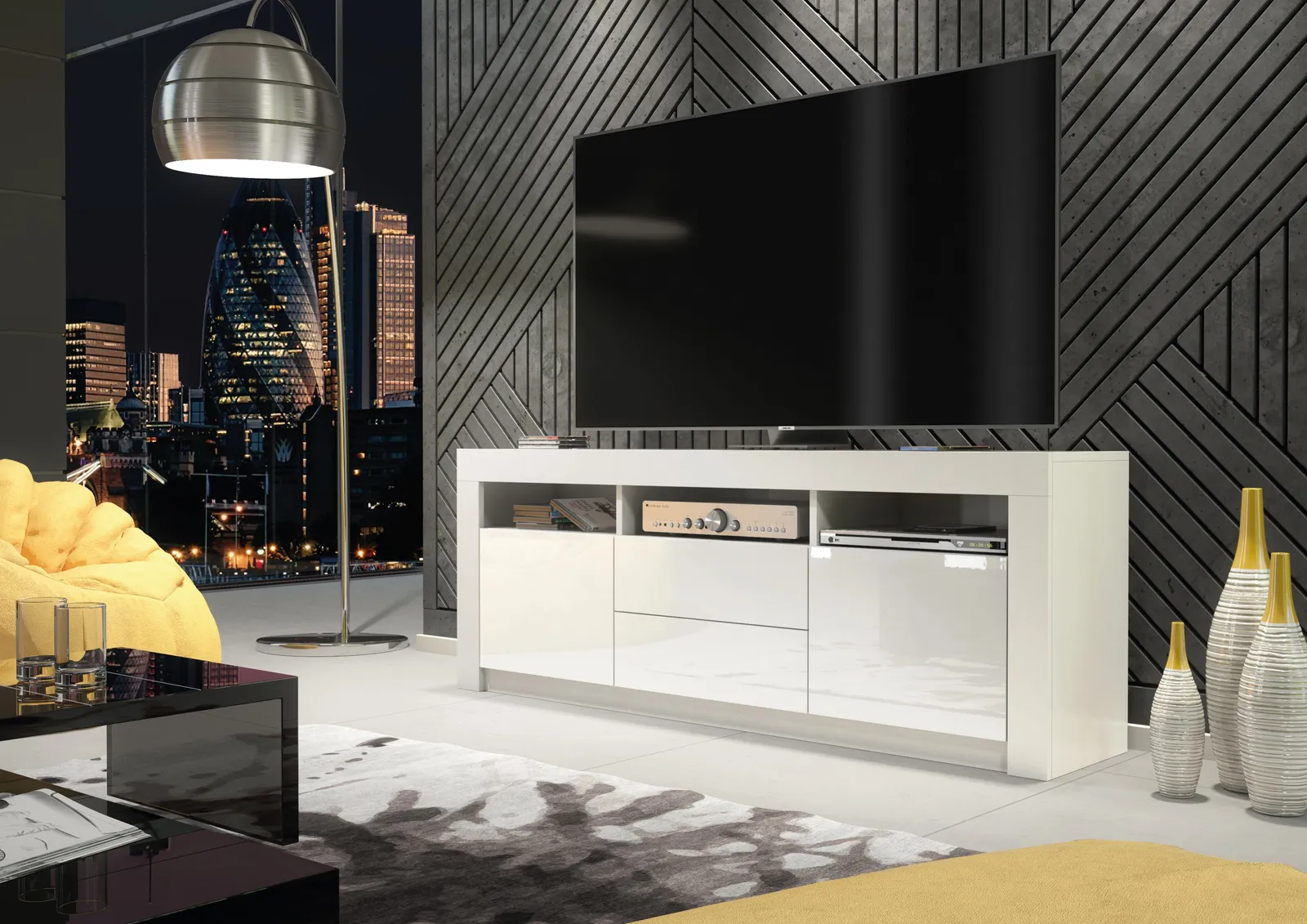 Creative Furniture TV Unit 160cm Modern - White with High Gloss Doors 2
