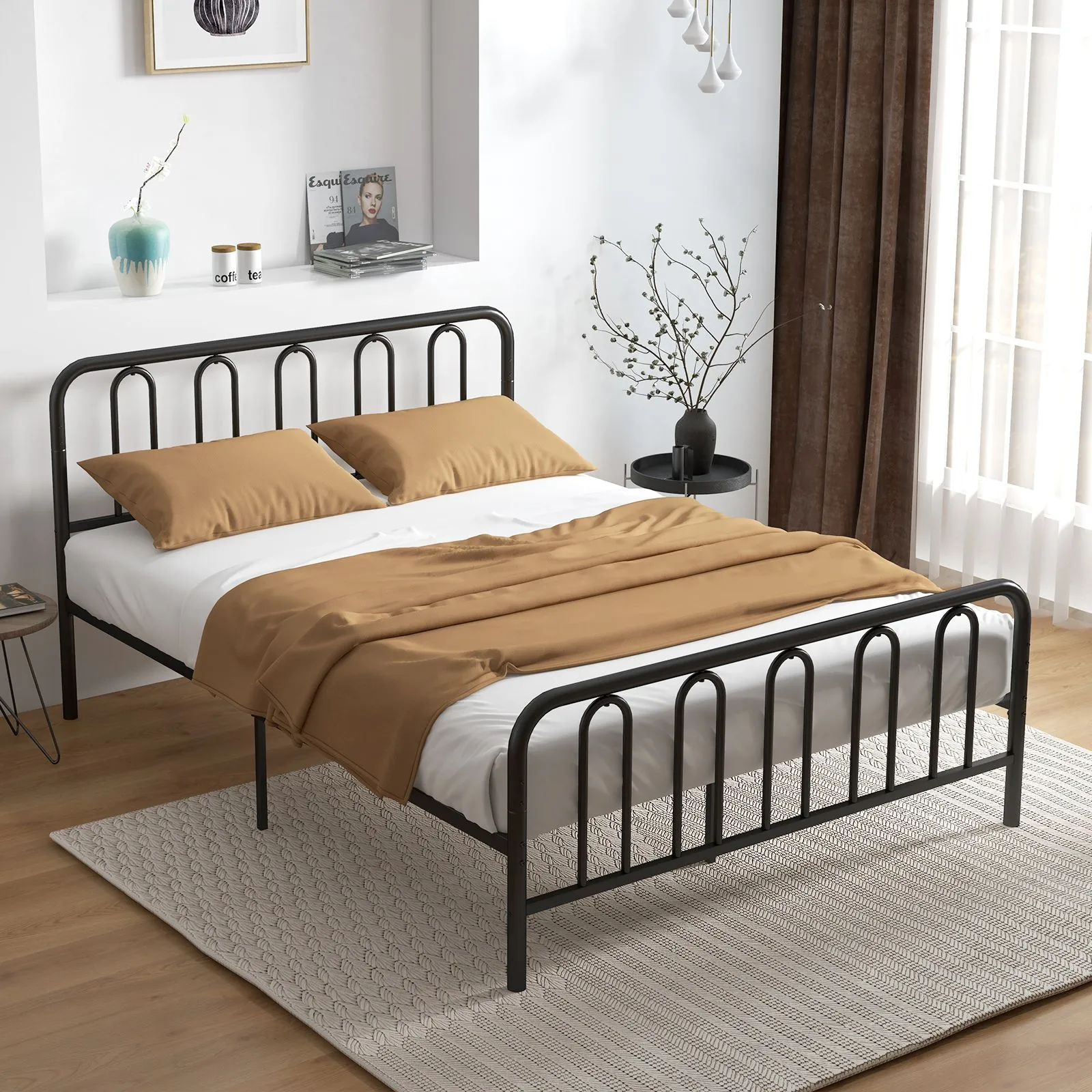 Costway King Size Metal Bed Frame with Headboard Platform Bed with Metal Slats Support in Black 4
