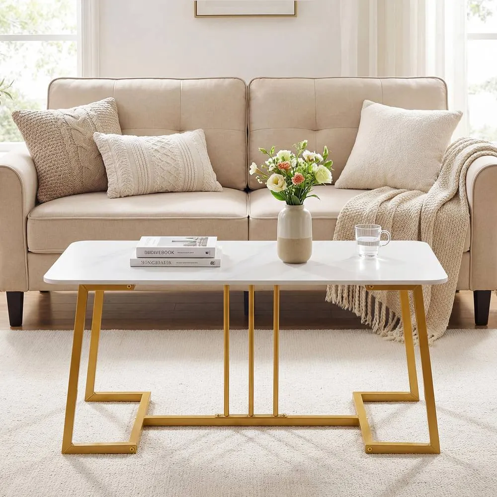 Costway Coffee Table 90 cm Faux Marble Rectangular Center Table White & Gold 3