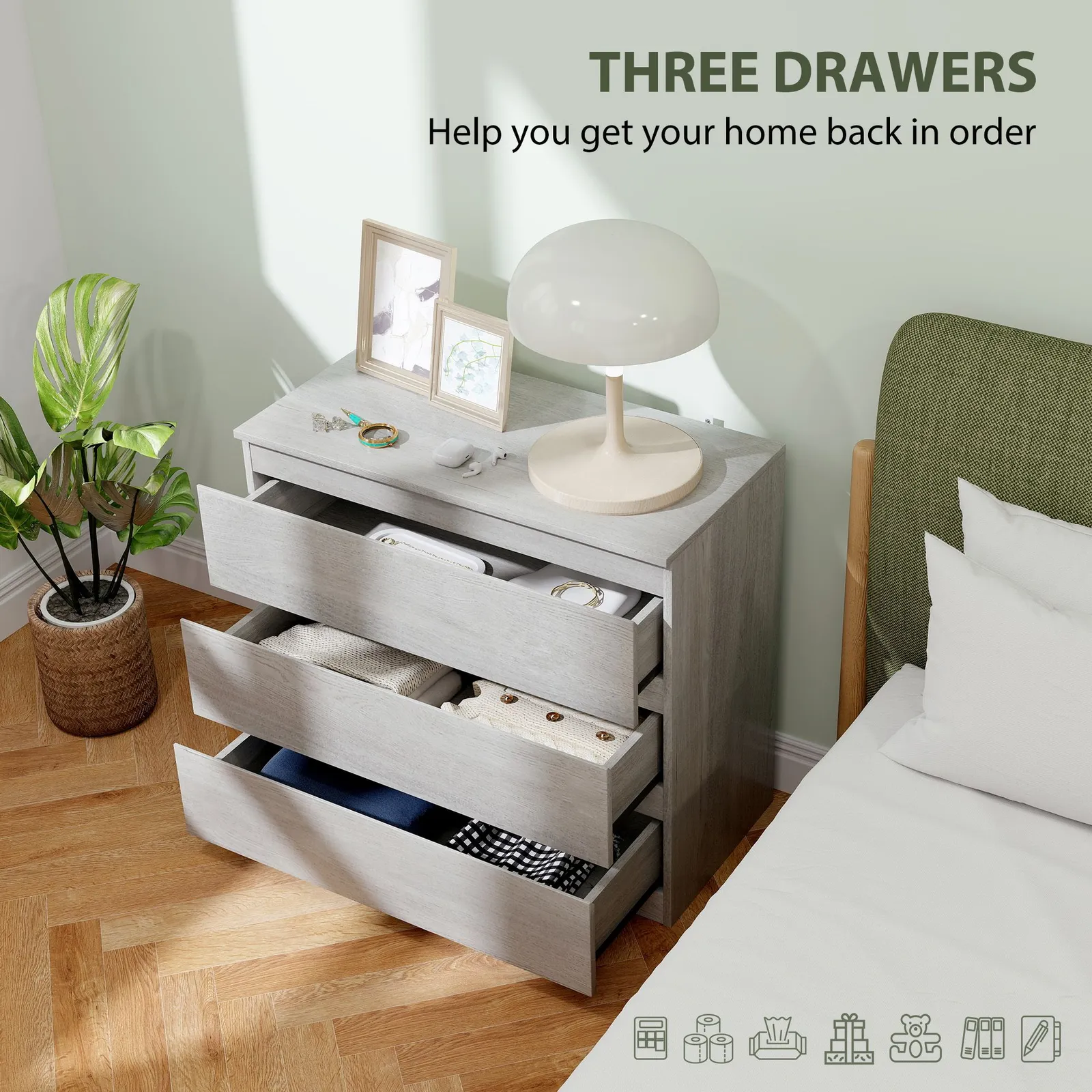 HOMCOM Chest of Drawers, 3 Drawer Storage Cabinet Unit for Bedroom in Grey 6