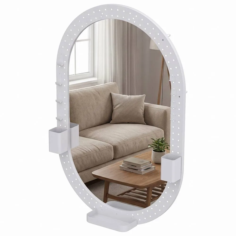 HOMCOM Oval Wall Mirror, 60 x 90 cm, Pegboard Frame, Wall-Mounted in White