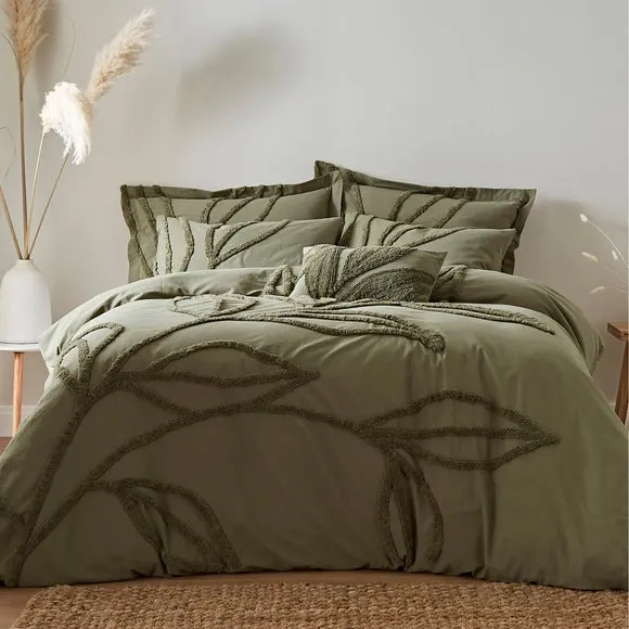 Tufted Leaf Olive 100% Organic Cotton Oxford Pillowcase 2