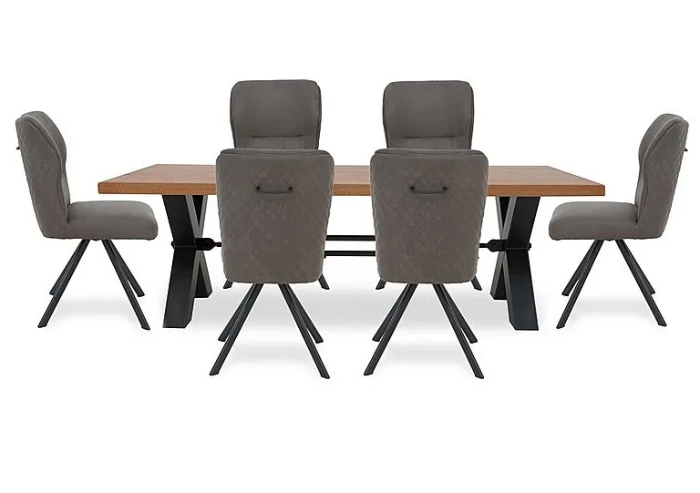 Terra Straight Edge Dining Table with Tension Bolt X-Leg and 6 Steel Fabric Swivel Chairs - 220-cm - Storm Wood