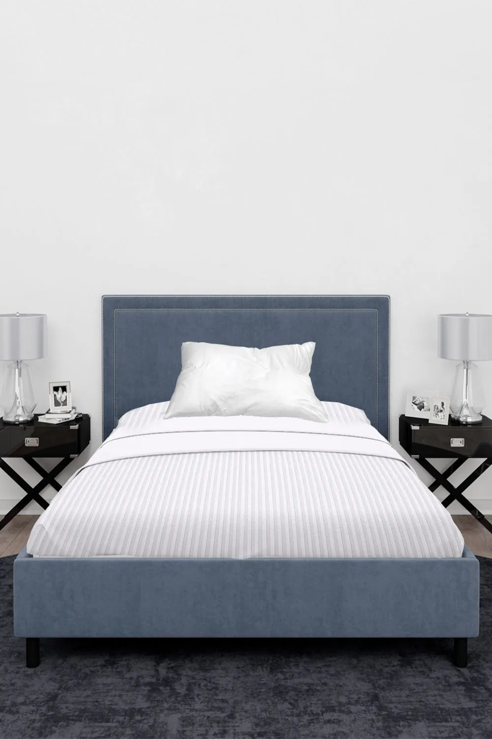 Neel Blue 300TC Cotton Fitted Sheet, White Satin Stripe, Single, 90cmx190cmx30cm