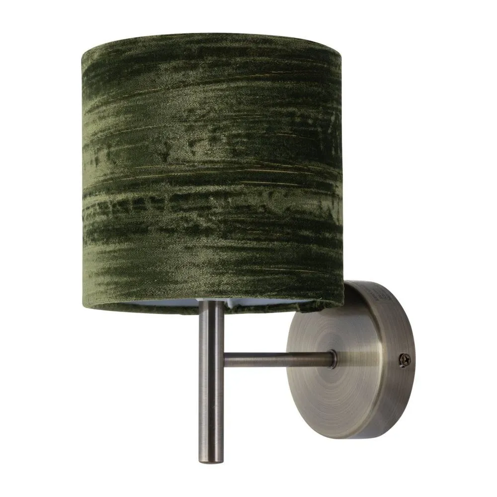 First Choice Lighting Brea - Antique Brass Wall Light with Green Crushed Velvet Shade in Gold