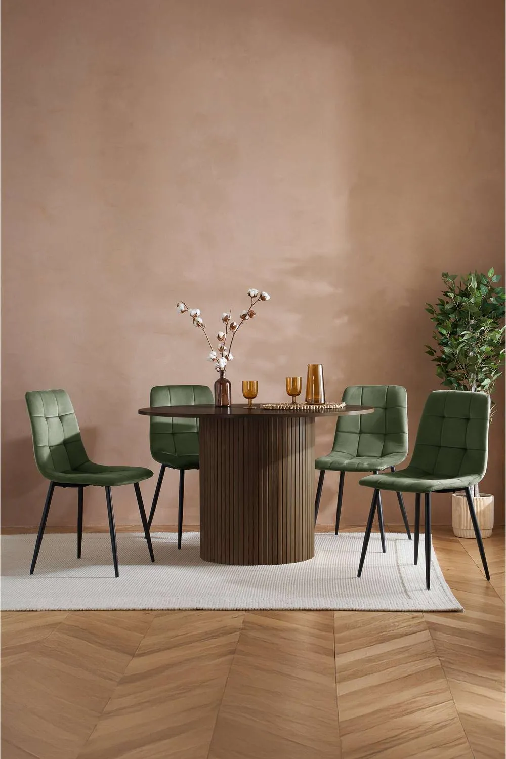 Birlea Axel Round Fluted Dining Table with 4 Chairs in Brown