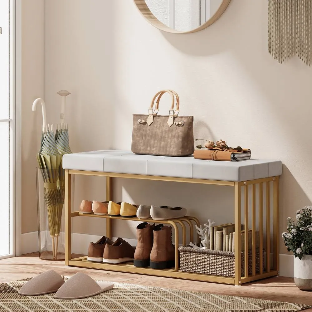 HOMCOM Shoe Storage Bench with Seat Cushion Tufted Shoe Rack Bench in Grey