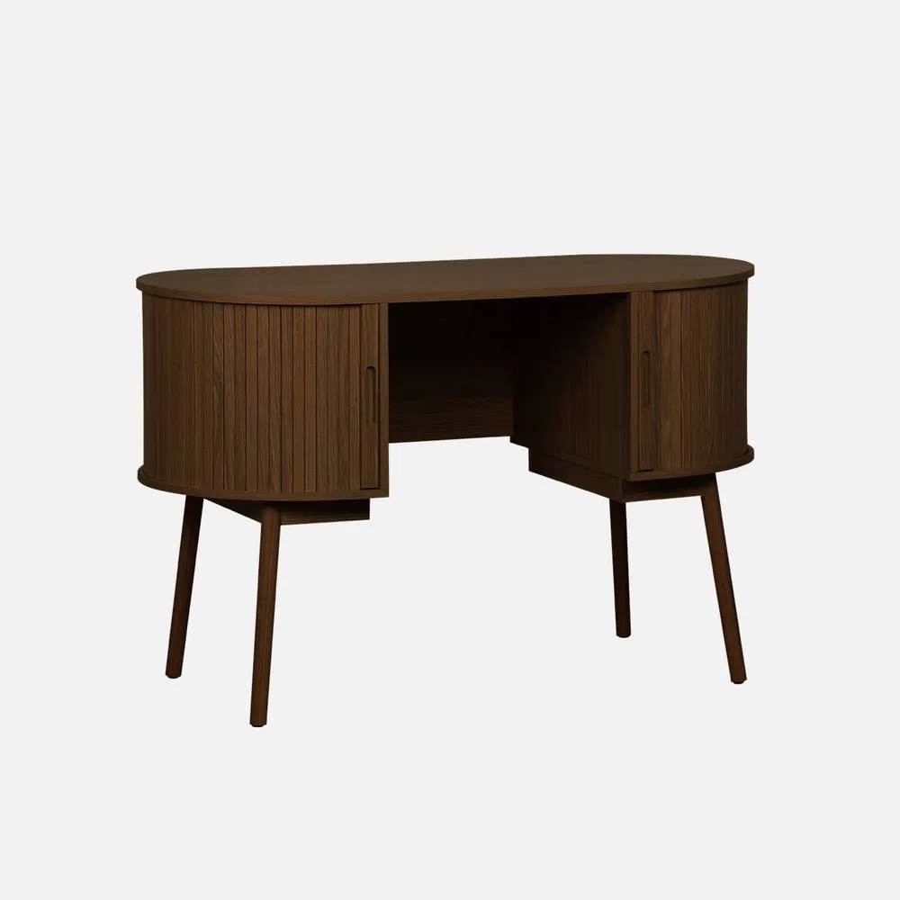 sweeek 120cm grooved wooden-effect oval desk with two storage spaces in Dark Brown 2