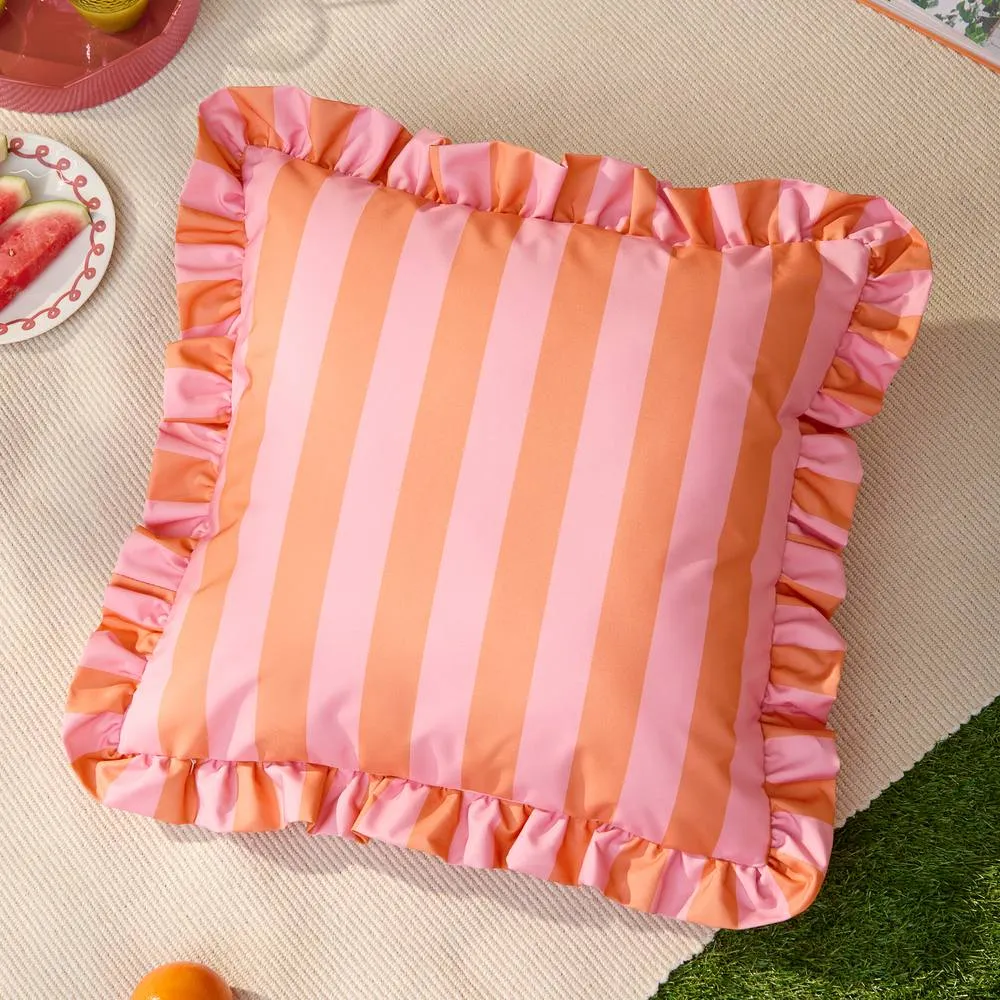 Furn Palm Royale Stripe Ruffle Printed Outdoor Cushion in Orange