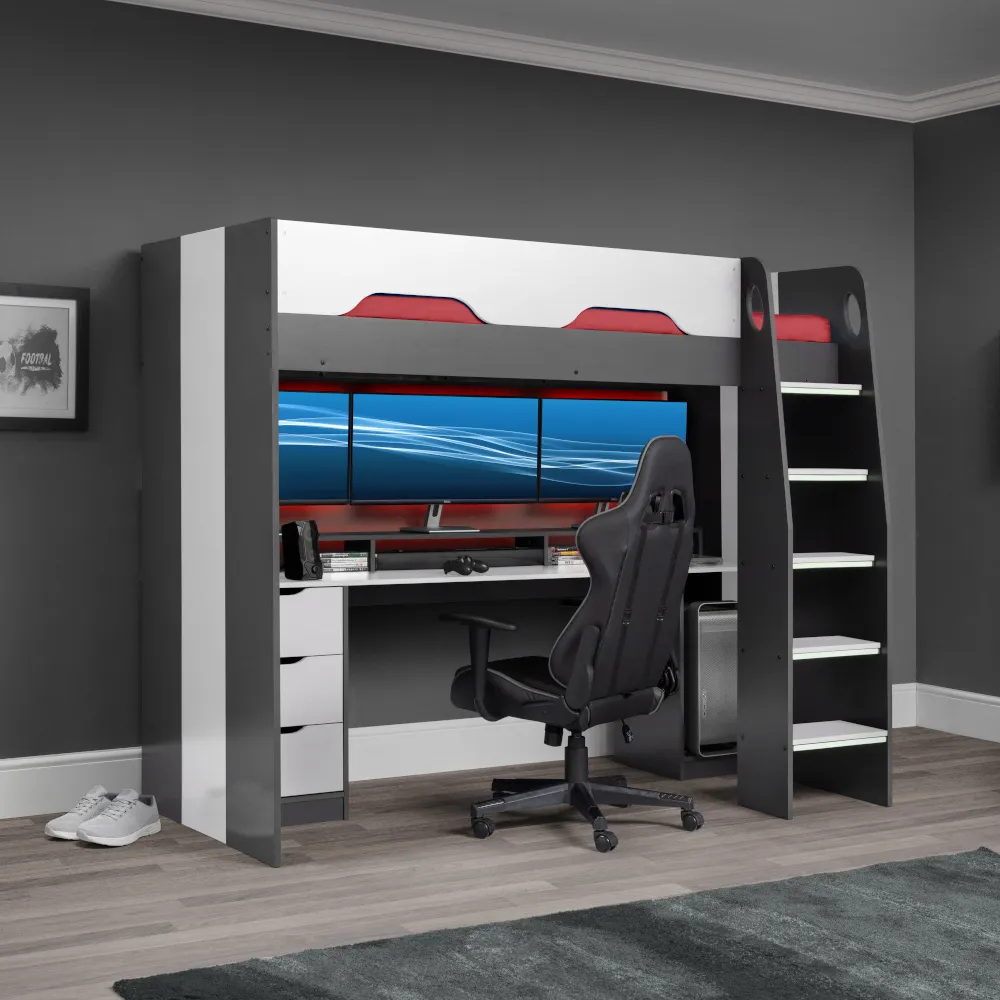 Mercury Grey and White Wooden High Sleeper Gaming Bed Frame - 3ft Single
