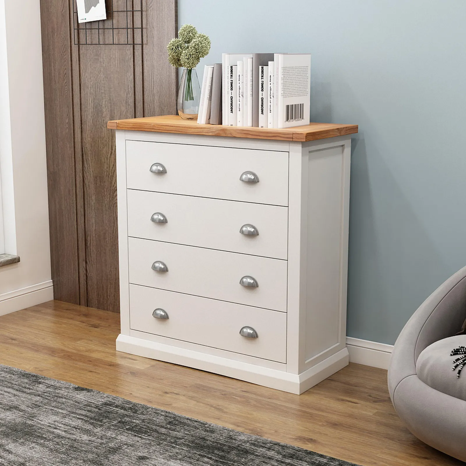 Cabinet Bits Cosenza 4 Drawer Chest of Drawers Chrome Cup Handle in Off-White