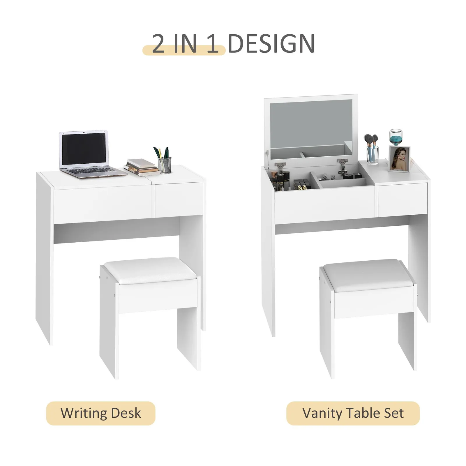 HOMCOM Dressing Table Set Cushioned Stool Flip-up Mirror Drawer Chipboard in White 4